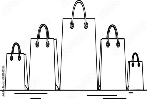 Minimalist vector line art illustration of a row of assorted shopping bags in various sizes, representing retail, consumerism, sale, purchasing, and e-commerce concepts for web design.