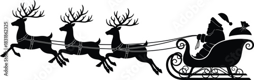 Vector silhouette of Santa Claus on his magical Christmas Eve journey, riding a sleigh pulled by his team of three flying reindeer