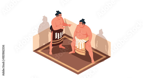 Traditional sumo wrestlers engaged in competition on tatami mat
