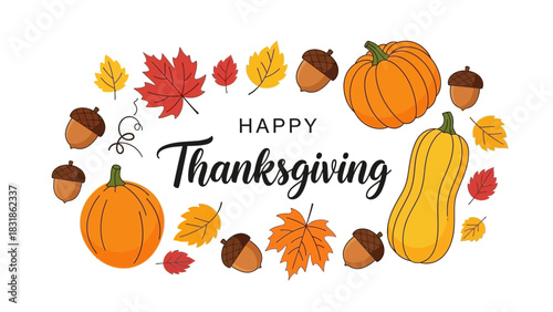 Thanksgiving Wishes Festive Pumpkins, Autumn Leaves, and Acorns in a Holiday Illustration
