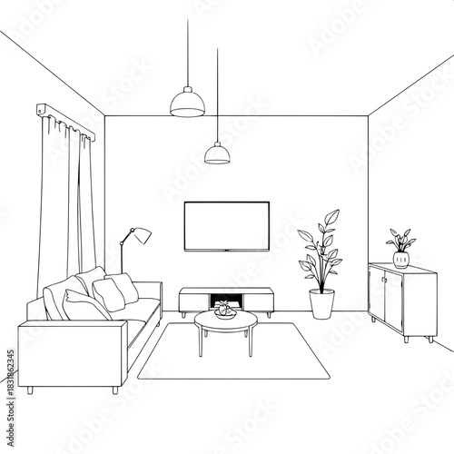 Architectural-style black-and-white line drawing of a contemporary living room. Sofa with cushions on the left, TV centered on the wall, pendant lights overhead, small cabinet with plant on the right,