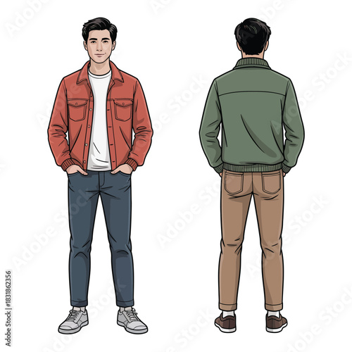 Front and back view of a man in casual clothing, isolated on a white background.