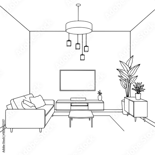 Architectural-style black-and-white line drawing of a contemporary living room. Sofa with cushions on the left, TV centered on the wall, pendant lights overhead, small cabinet with plant on the right,