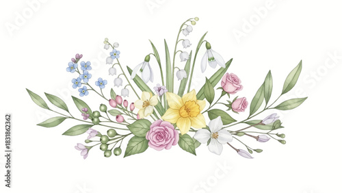 Watercolor Spring Bouquet of Flowers with Daffodils, Roses, Forget-me-nots and Lily of the Valley