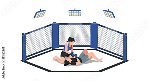 Female mixed martial artists fighting in octagon under bright lights