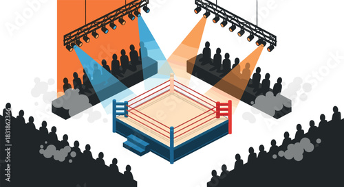 Colorful spotlight on boxing ring with audience in isometric design