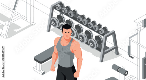 Isometric gym workout scene with muscular man in modern fitness center