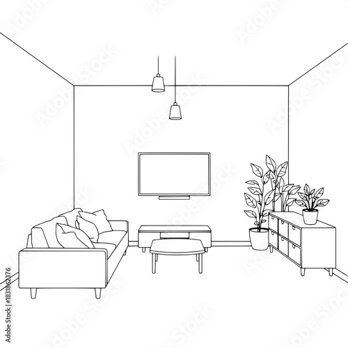 Architectural-style black-and-white line drawing of a contemporary living room. Sofa with cushions on the left, TV centered on the wall, pendant lights overhead, small cabinet with plant on the right,