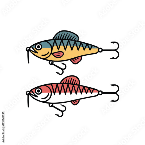 Two colorful fishing lures designed to attract fish are shown against a white background.