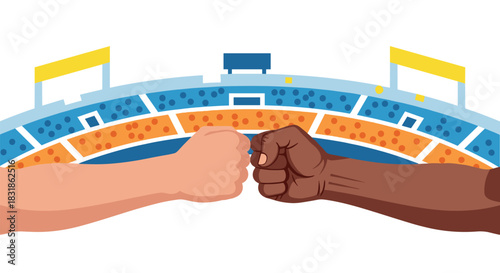 Fist bump gesture in diverse hands over colorful sports arena background