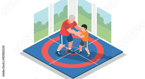 Father and son martial arts practice in isometric style training on mat
