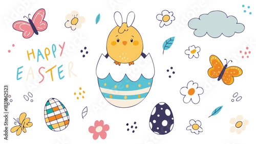 Cute cartoon chick with bunny ears hatching from a decorated egg surrounded by colorful easter eggs butterflies flowers and a cloud with happy easter text