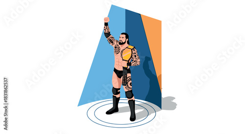 Bold wrestler with tattoos and raised arm in colorful geometric scene