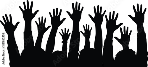 Dynamic vector graphic of many raised hands, symbolizing collective action, unity, community participation, and active involvement in social causes and public movements