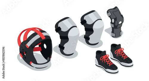 Protective gear set for roller skating: helmet, pads, and shoes in isometric style