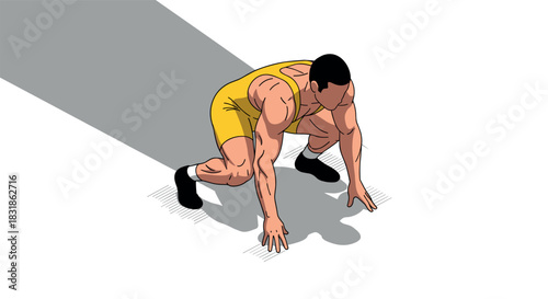 Athlete ready to sprint in dynamic isometric abstract design with bold colors and light shadows