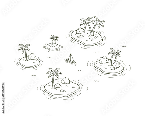 Isometric floating islands line art illustration