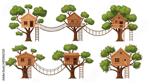Whimsical collection of isolated cartoon treehouses for children's fantasy playtime and backyard adventures