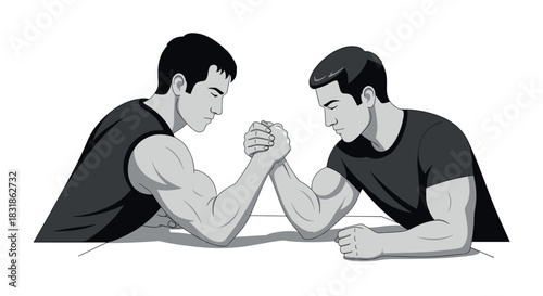 Black and white arm wrestling scene with two competitors in competition pose