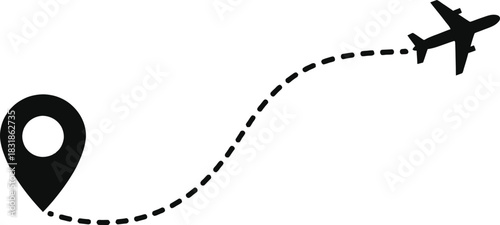 Conceptual vector graphic depicting an airplane's journey from a geographical starting point marker to its destination, illustrating travel routes, aviation, and global exploration