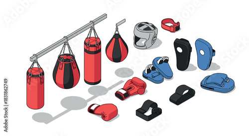Comprehensive collection of boxing equipment in modern isometric style