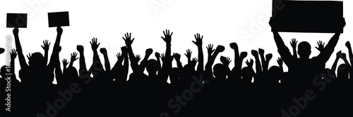 Dynamic silhouette of a passionate crowd raising hands and protest signs, symbolizing unity and collective action in a powerful public demonstration