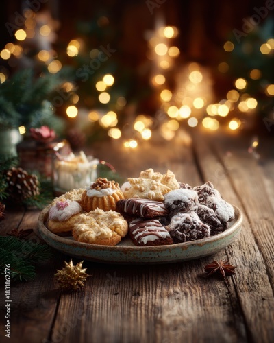 A plate of assorted cookies on a rustic wooden table with festive decorations and warm bokeh lights in the background.
