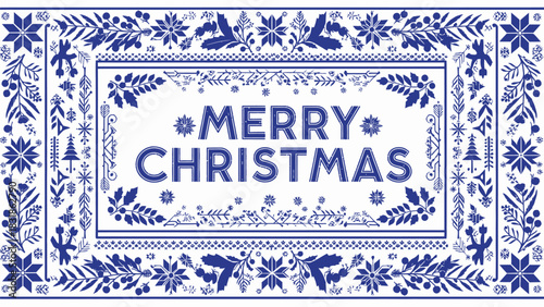 Elegant navy blue Merry Christmas holiday greeting with folk art floral border for social media and print designs