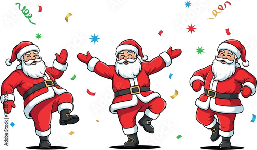 Vector Illustration Of Santa Clauses Dancing, Isolated On White Background