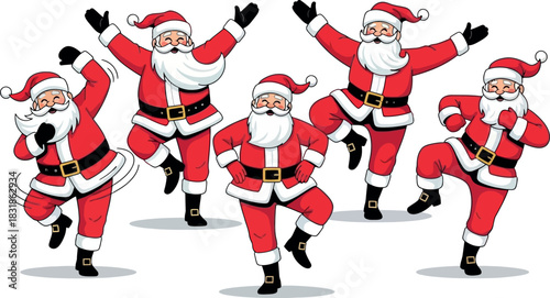 Vector Illustration Of Santa Clauses Dancing, Isolated On White Background