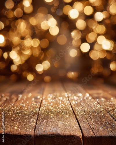 Wooden surface with warm, golden bokeh lights in the background.