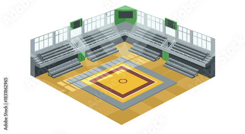 Modern isometric indoor sports arena with wrestling mat and spectator stands
