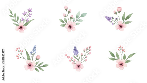 A beautiful collection of watercolor floral bouquets with delicate pink flowers and lavender sprigs, isolated on a white background