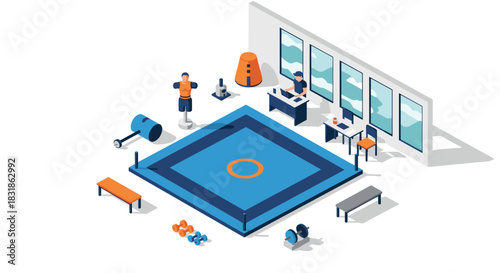 Modern fitness center isometric design with gym equipment and people
