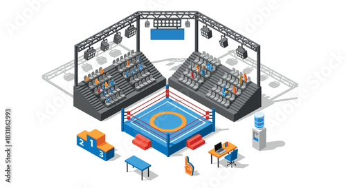 Isometric boxing arena with seating and equipment in modern style
