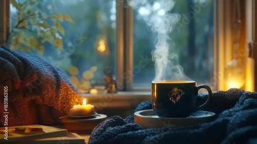 A cozy coffee scene featuring a steaming cup, A steaming cup of coffee sits on a wooden table