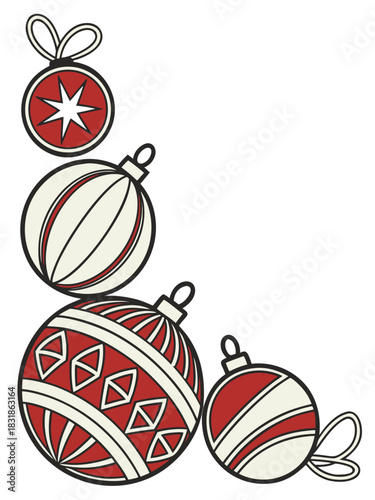 Corner composition made of festive Christmas ornaments (baubles) arranged closely in a simple geometric L-shape, isolated on white background.