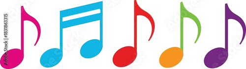 Set of colorful musical notes representing a cheerful melody concept. Rainbow colored music symbols as a vector graphic design element isolated on a white background