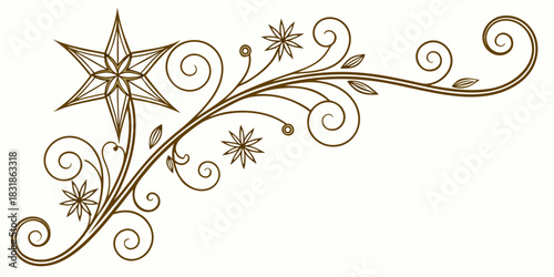 Luxurious ornate golden corner border made of dense curls with metallic starbursts woven into the pattern, white background.