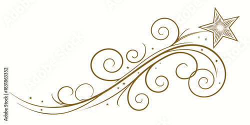 Flowing golden-brown corner element with smooth ribbon-like swirls, faint star dust trails, and a shimmering star at the curved tip on a white background