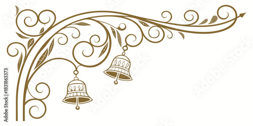 Detailed vector design of a decorative sign bracket with two symmetrically hanging large bells and ornate leaves on a white background.