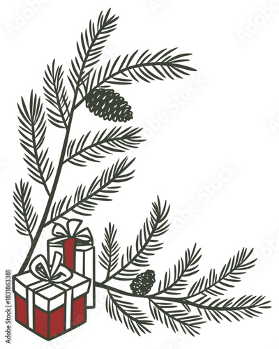 Simple corner layout combining fir branches and small gift boxes forming a tidy L-shape, White background, centered composition, no cropped edges, all elements fully visible, saturated and contrasty c