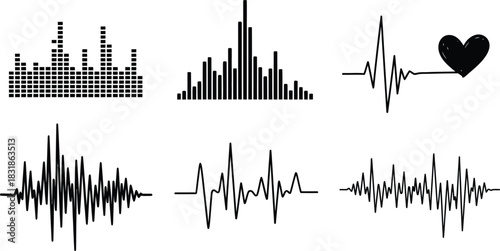 Collection of diverse sound wave and heartbeat graph illustrations showcasing auditory and vital signs