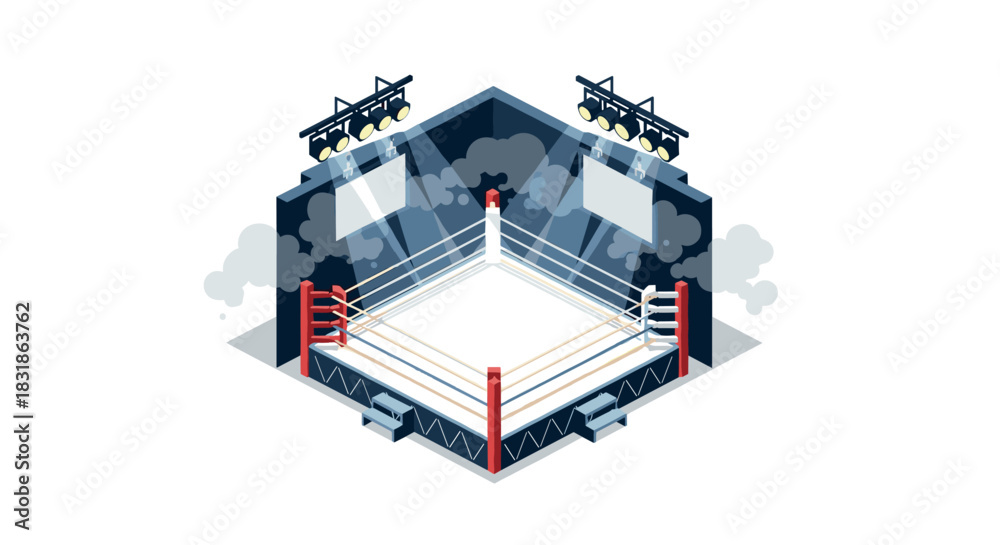 Fototapeta premium Modern isometric boxing ring with spotlights and smoke effects