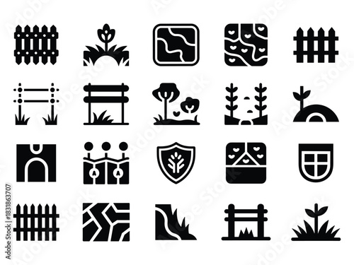 Collection of garden, landscape, agriculture and farmland icons featuring fences, plants, terrain patterns and eco protection symbols