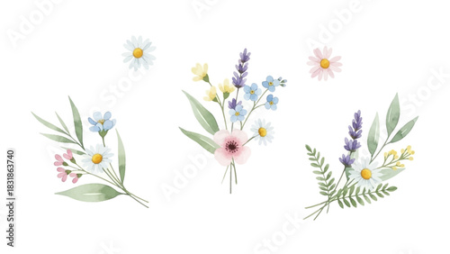 Watercolor Flower Bouquet Clipart with Chamomile, Lavender, and Forget-Me-Nots