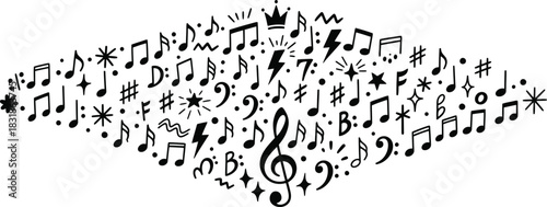 Musical Composition A Graphic Diamond of Notes, Symbols, and Icons Depicting Melody, Harmony, and Rhythm, Emphasizing Artistic and Creative Expression
