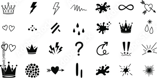 A Collection of Black and White Doodle Icons, Perfect for Creative Design Projects, Featuring Crowns, Hearts, Splatters, and More Artistic Elements