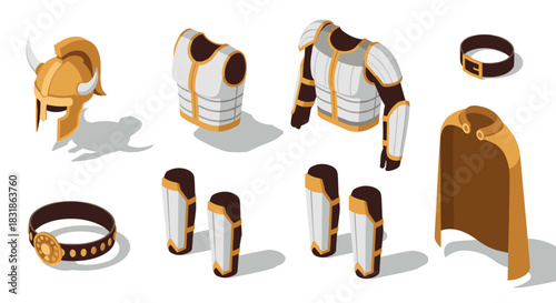 Isometric medieval armor set with golden details and viking helmet on white background