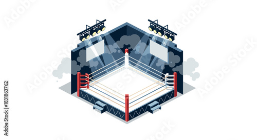 Modern isometric boxing ring with spotlights and smoke effects